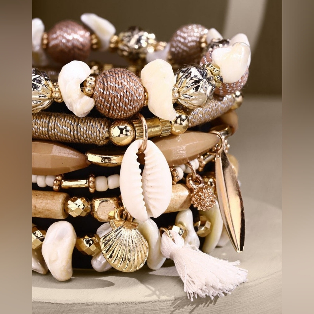 Sandy Beach Themed Boho Chic Multi Layered Stretch Bracelet w Golden Seashell - Picture 2 of 3